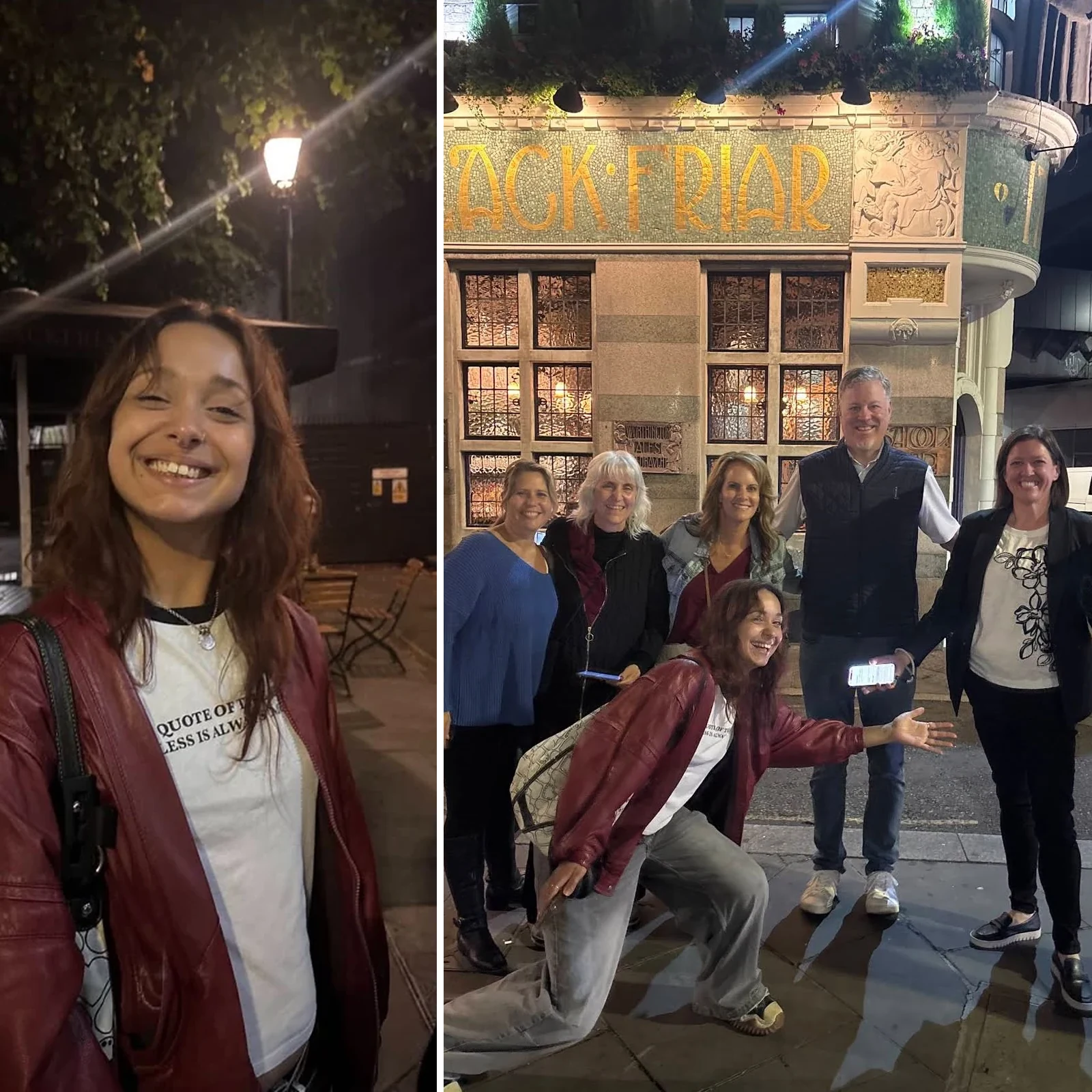 Two photos from a Jack the Ripper tour: a smiling woman outside a pub and a tour group in front of the Black Friar.